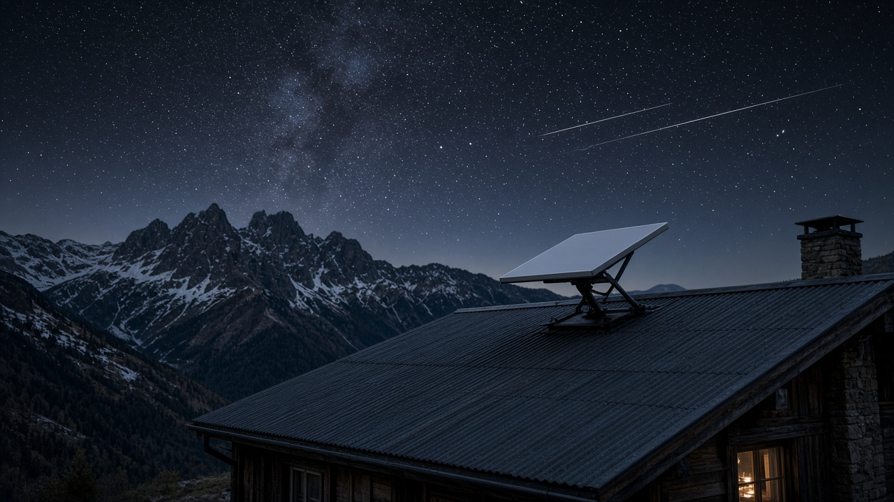 Satellite dish on a remote mountain cabin roof under a starry night sky
