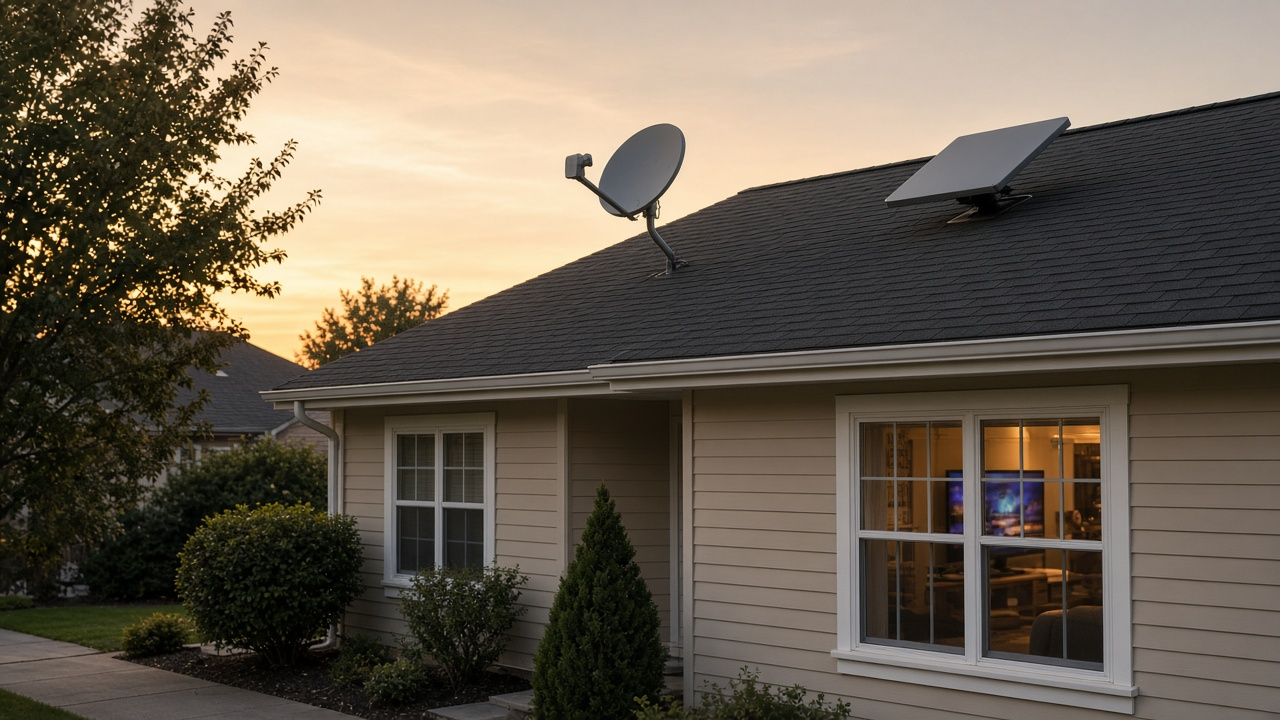 Suburban home with a round satellite TV dish and a flat satellite internet panel on the roof at sunset