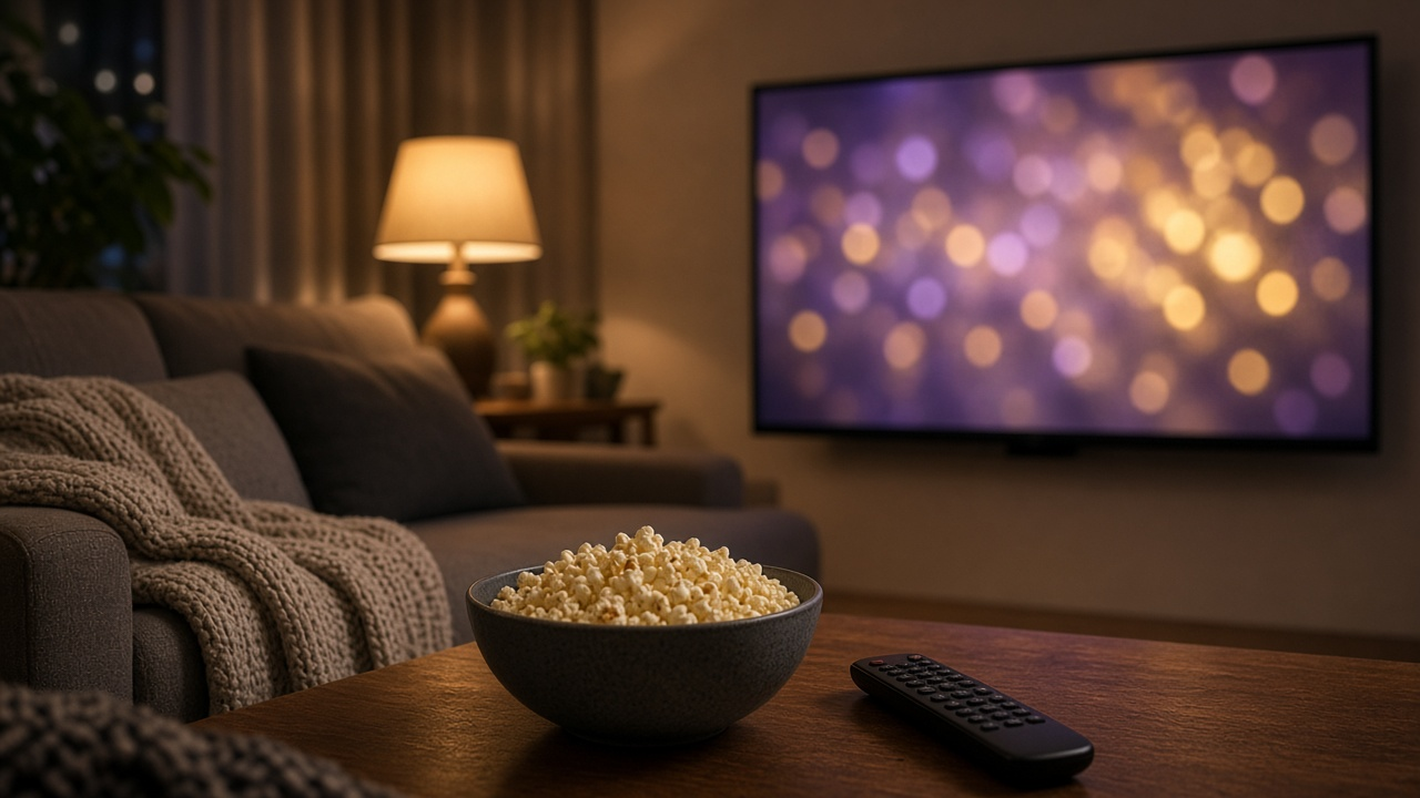 Cozy living room at night with a wall-mounted TV glowing purple and gold, a lamp, a gray sofa with a knitted throw, and popcorn and a remote on the coffee table, no people