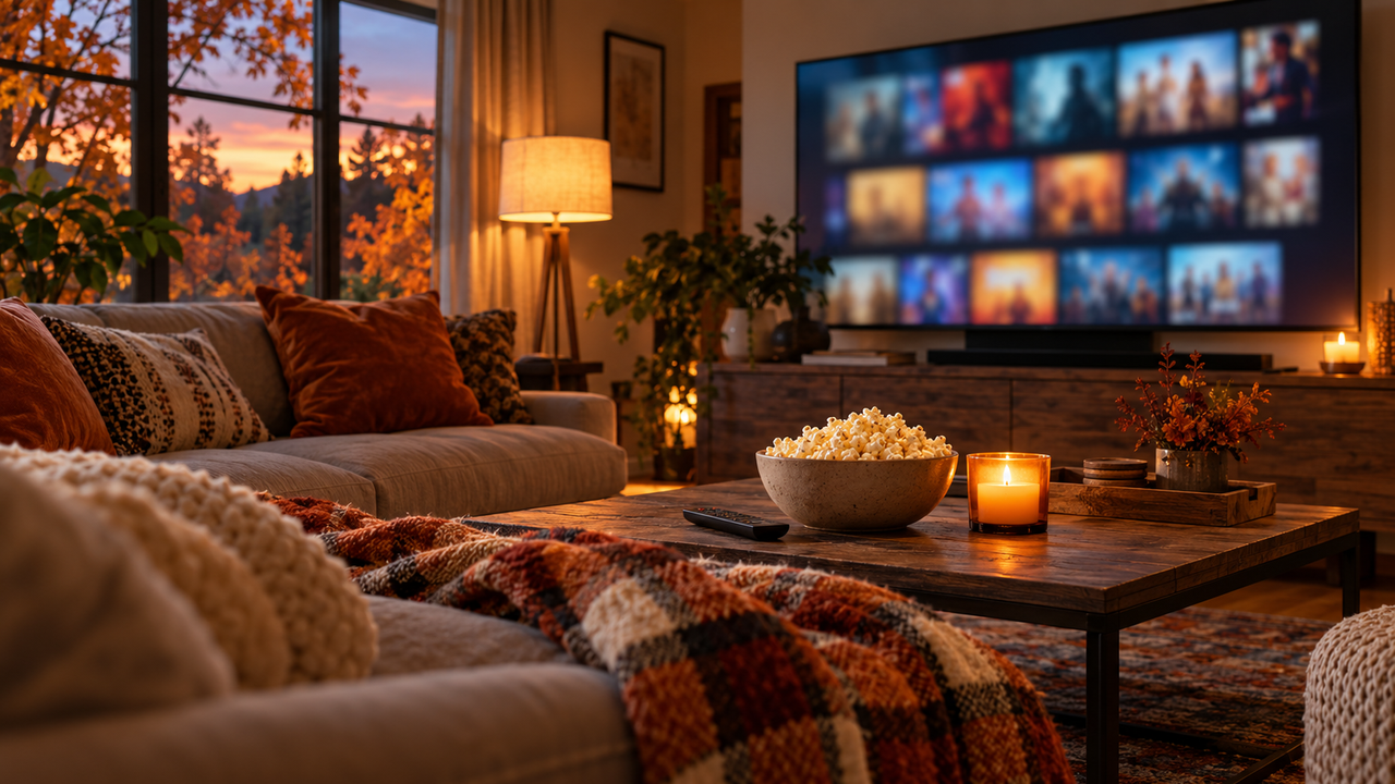 Cozy living room in autumn with a TV showing a blurred grid of colorful streaming thumbnails, a pumpkin candle and a remote on the coffee table