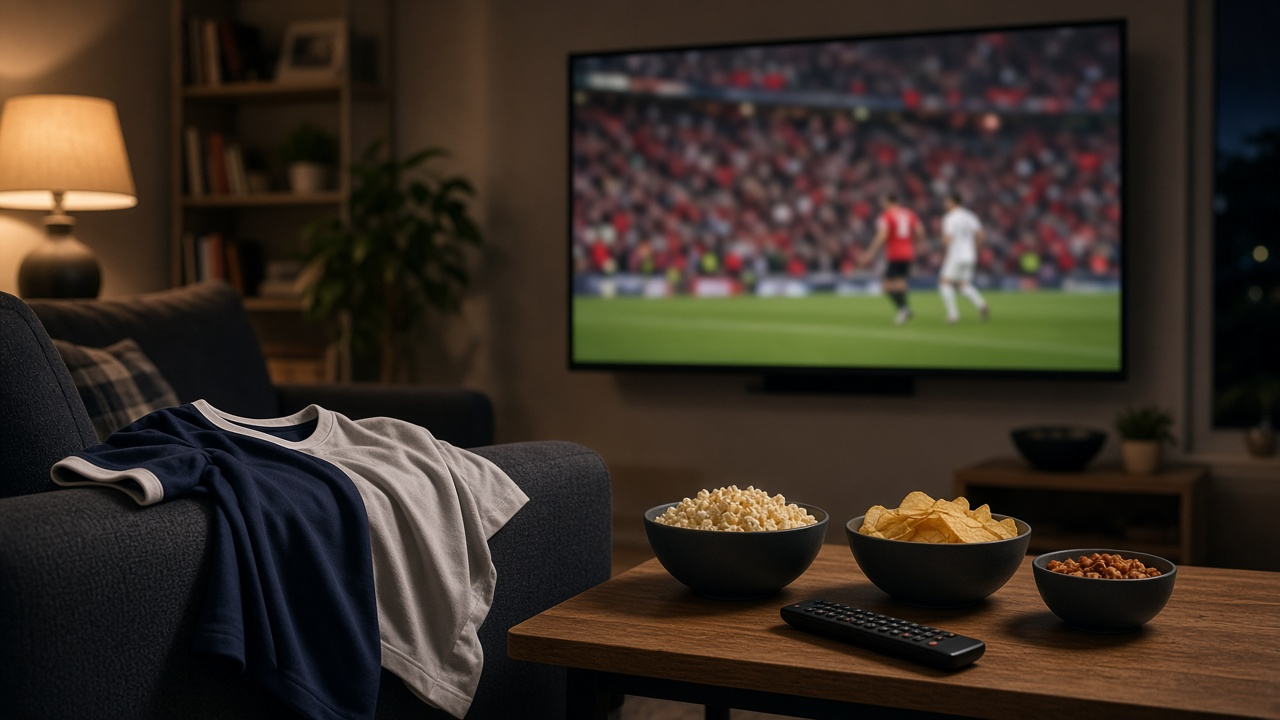 Sports bar style living room with a large TV showing a softly blurred stadium crowd and action, jerseys draped nearby, no logos or text