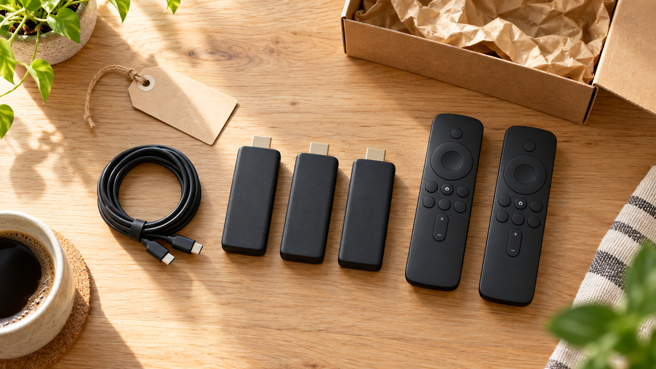 Overhead view of three small unbranded streaming sticks and two remotes on a light wood table beside an open shipping box