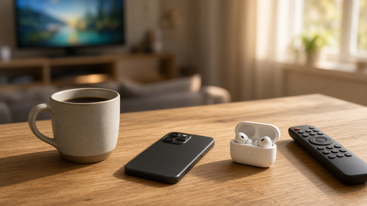 Smartphone, wireless earbuds and a TV remote on a wooden table with a glowing TV in the background