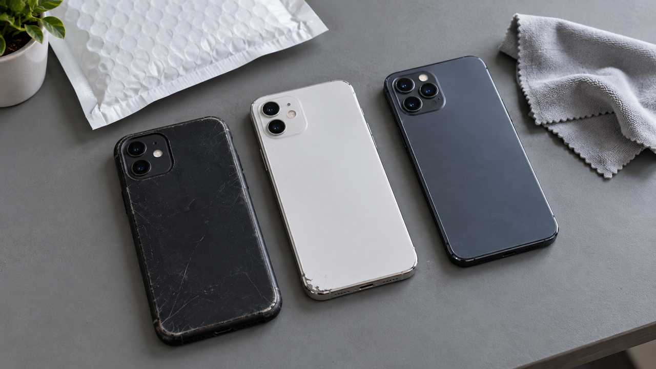 Three older smartphones lying face down on a gray desk next to a padded mailer, one with a scuffed case