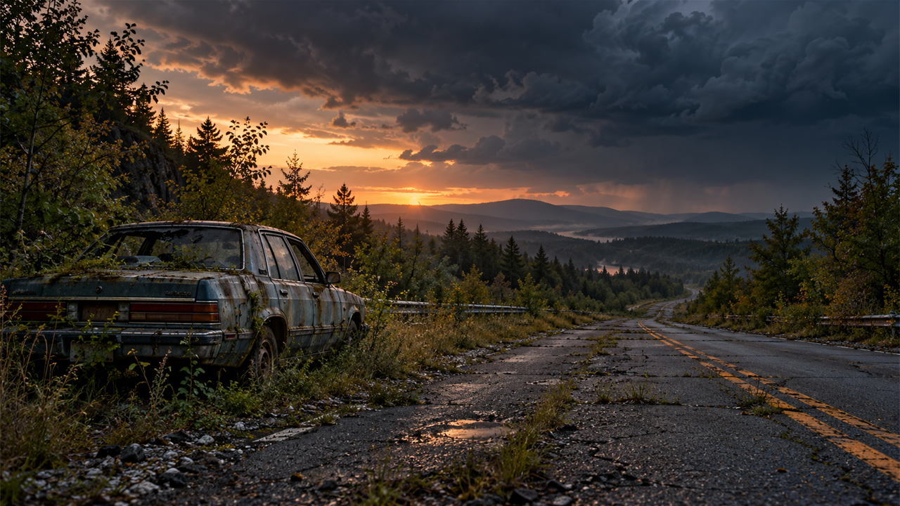Abandoned rural highway at dusk with a weathered car, overgrown grass and a stormy sky