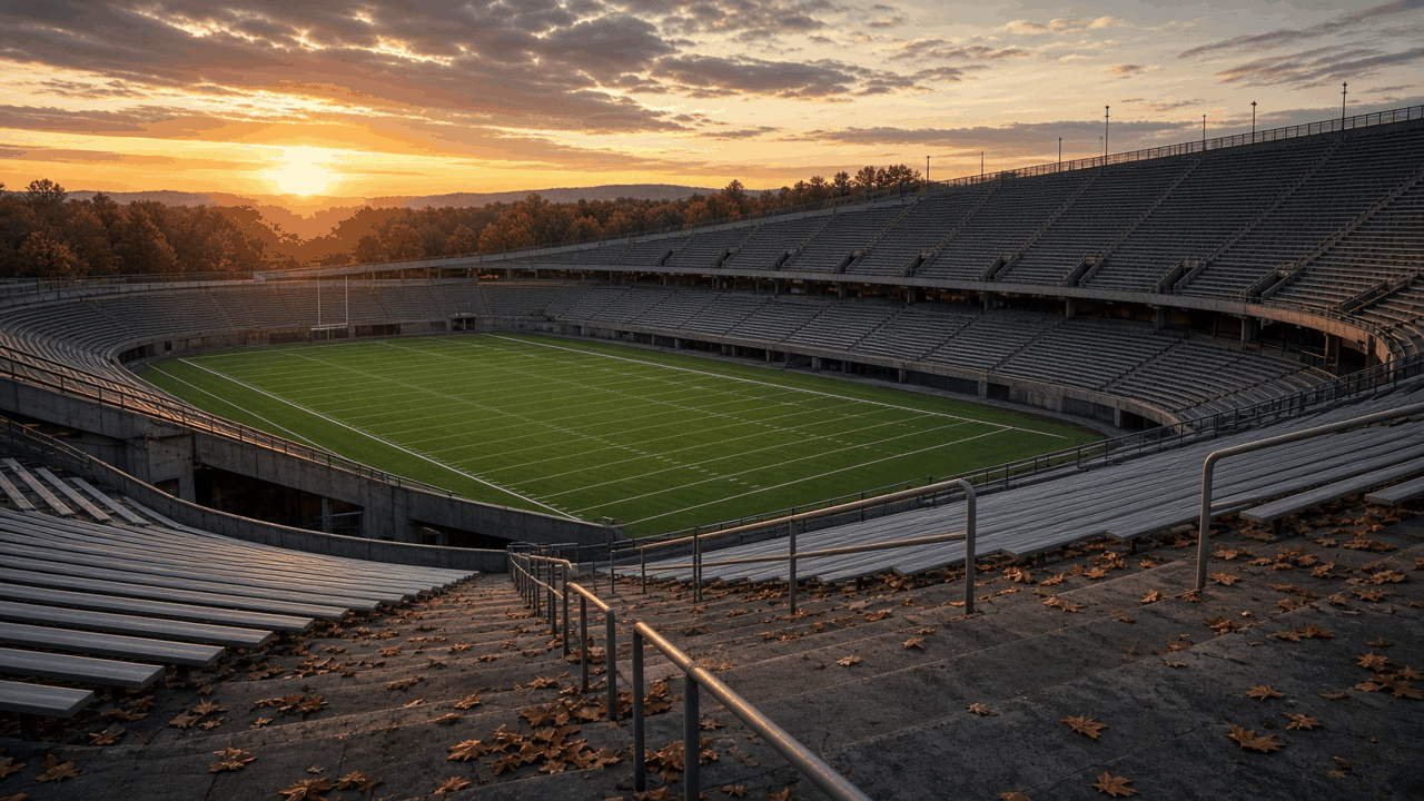 College football stadium under evening lights with an empty field and television remote in the foreground, with no people, text or logos