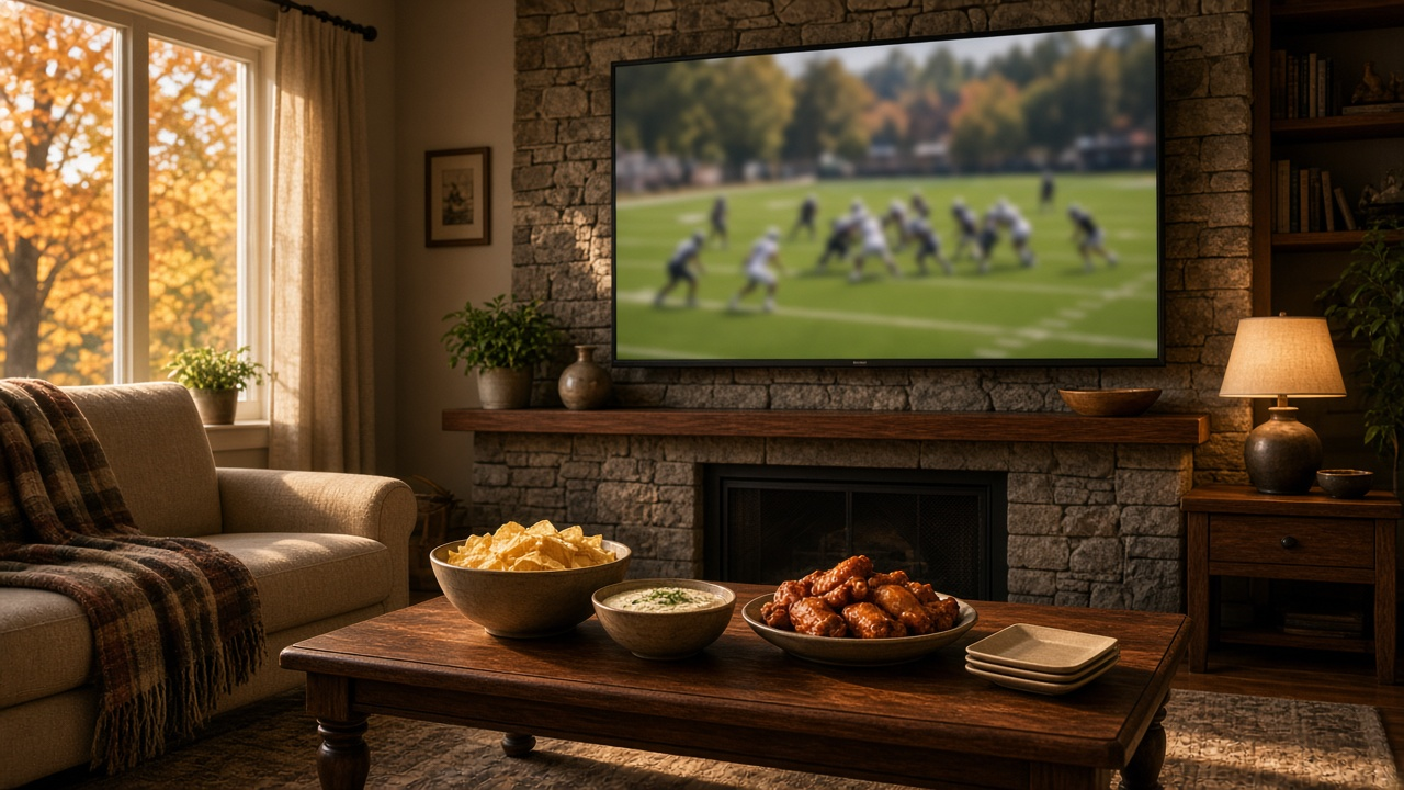 Living room with a large TV and a second screen showing different college football games, snacks on the coffee table and autumn light through the window