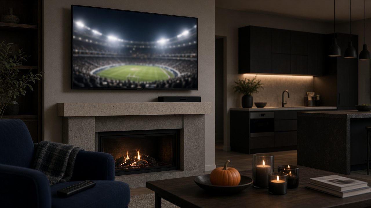 Open-plan living room in the evening with a TV above a lit fireplace showing a blurred college football stadium at night, a slim cable box on the mantel, a remote on a navy armchair, and a pumpkin and candles on the coffee table