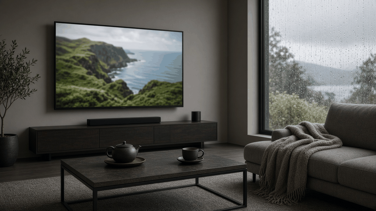 Modern living room on a rainy afternoon with a wall TV showing green sea cliffs, a teapot and cup on a coffee table and rain on a tall window, no people, no text, no logos
