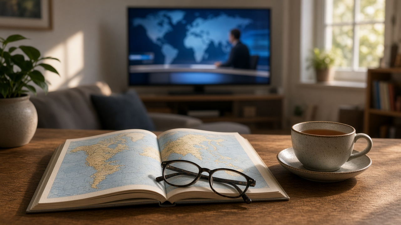 Living room desk with a world atlas, reading glasses and a cup of tea in front of a TV showing a blurred international news studio set