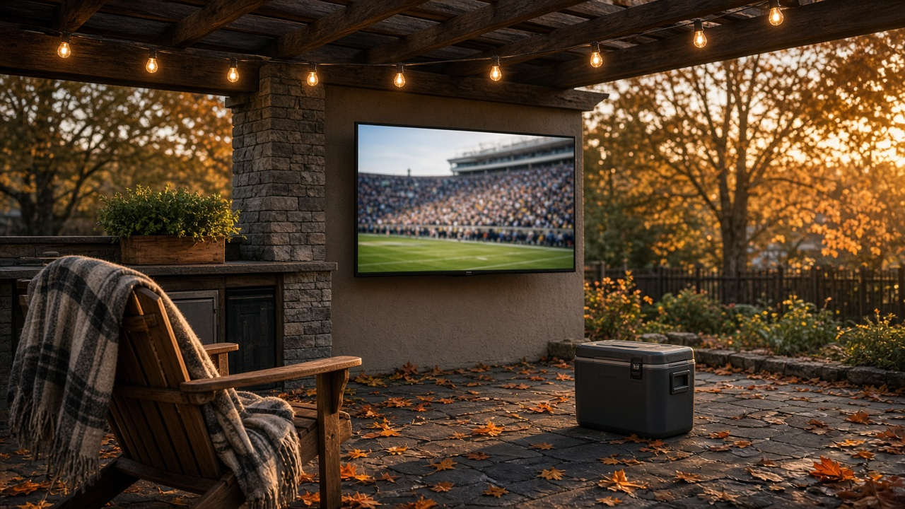 Backyard patio at dusk in autumn with an outdoor TV showing a blurred college football stadium, a plaid blanket on a chair, fallen leaves and a cooler