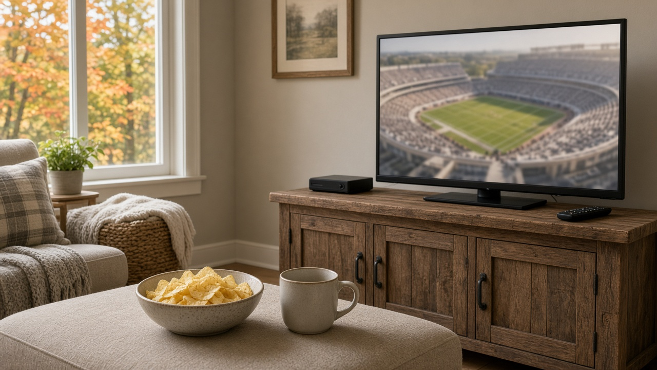 Family room on an autumn afternoon with a TV on a rustic wood console showing a blurred aerial view of an empty sunlit football stadium, a cable box and remote, fall leaves outside the window and a bowl of chips with a mug on an ottoman
