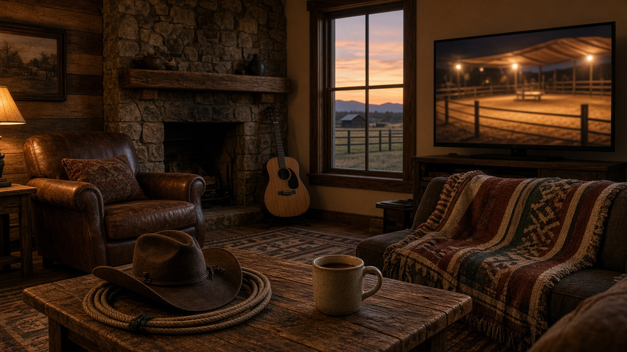 Rustic ranch-house living room at dusk with a TV showing a blurred horse arena under lights, a cowboy hat and coiled rope on a wooden coffee table, an acoustic guitar by a stone fireplace and a pasture at sunset through the window, no people, no text, no logos