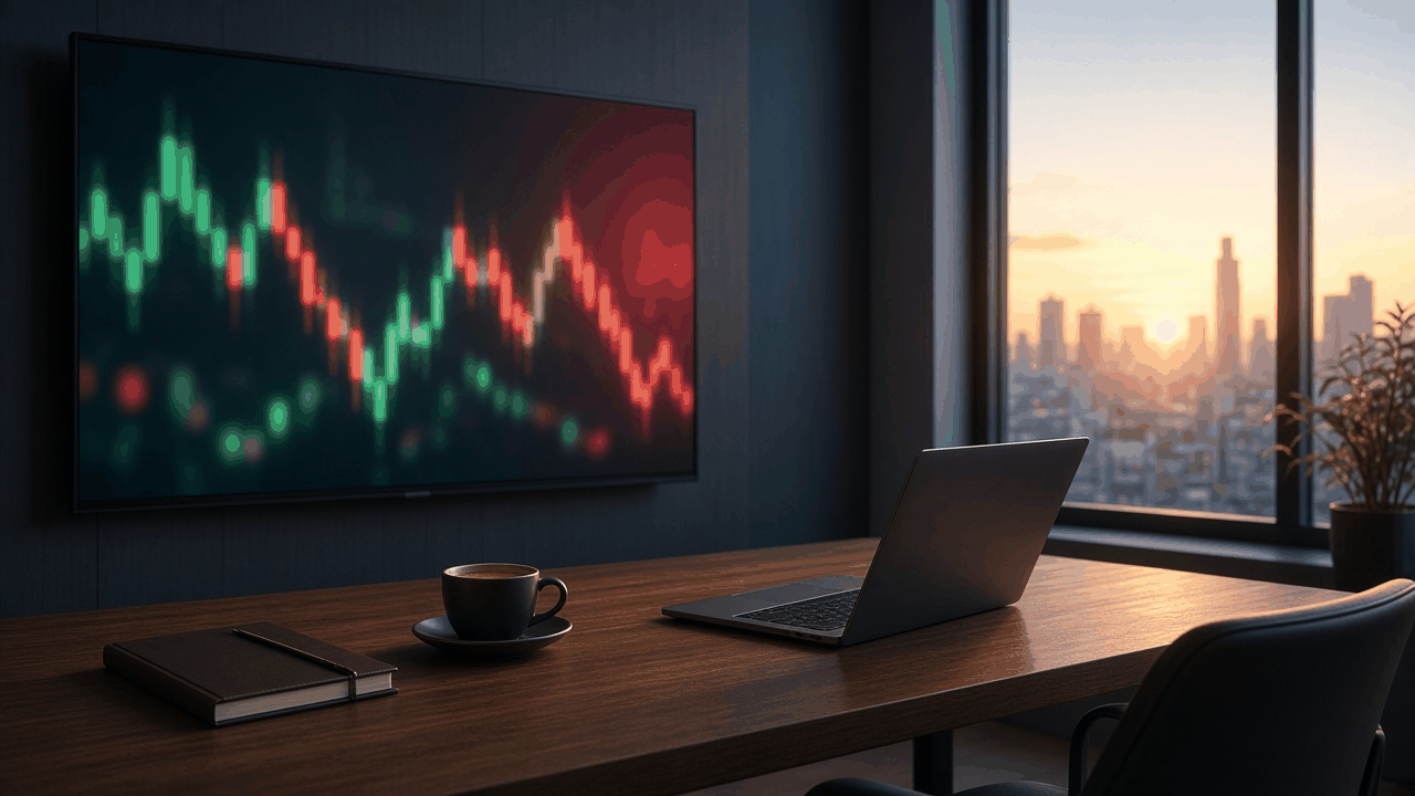 Home office at sunrise with a wall TV glowing with blurred green and red market light patterns, a laptop, a coffee cup and a city skyline in the window, no people, no text, no logos