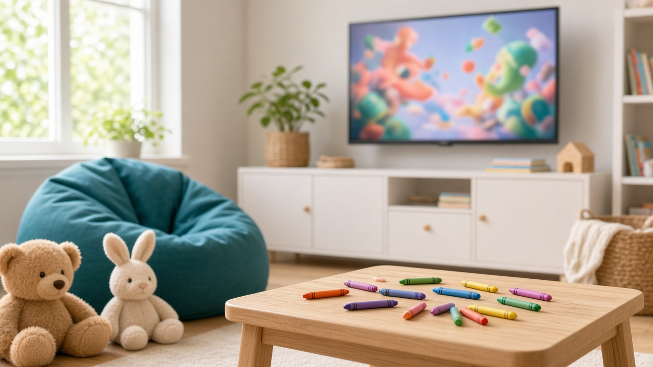 Bright kids' playroom with a beanbag chair, stuffed animals and crayons on a low table in front of a TV showing a blurred, colorful animated scene