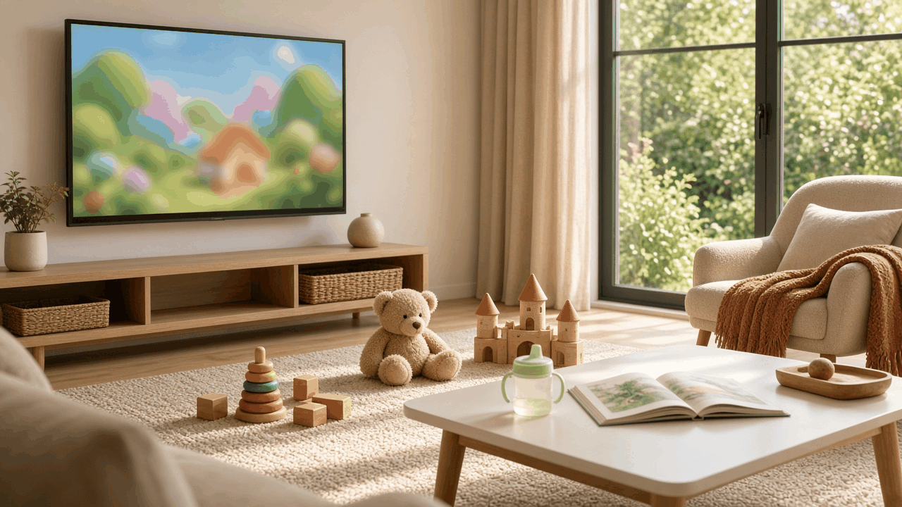 Bright family living room in morning light with a wall TV glowing with blurred pastel cartoon colors, a play rug with wooden blocks, a stuffed bear and a toy castle, a sippy cup and a picture book on a white table, no people, no text, no logos