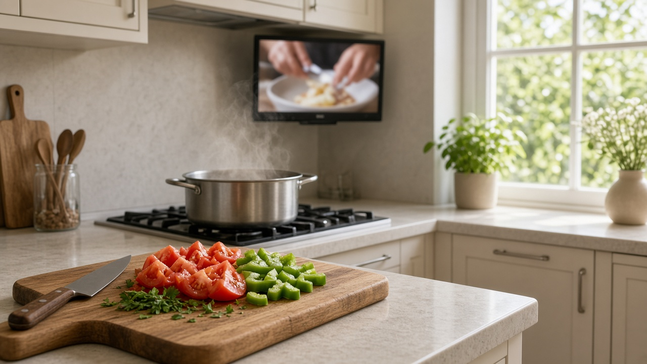 Bright kitchen counter with fresh vegetables, a wooden cutting board and a plain chef's knife, a steaming pot on the stove and a small under-cabinet TV showing blurred hands plating food