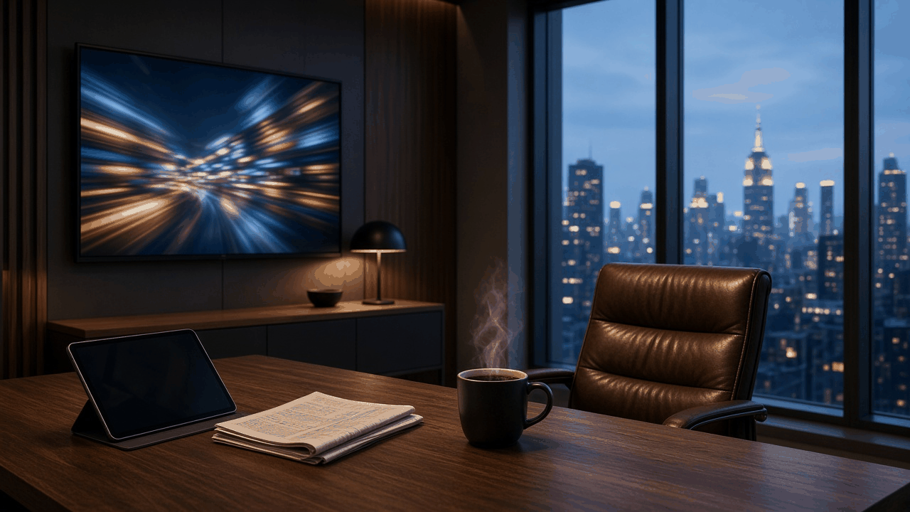 Modern home office at blue hour with a wall TV glowing with blurred blue and gold light streaks, a leather chair, a tablet, a folded newspaper and steaming coffee on a walnut desk, city skyline in the window, no people, no text, no logos