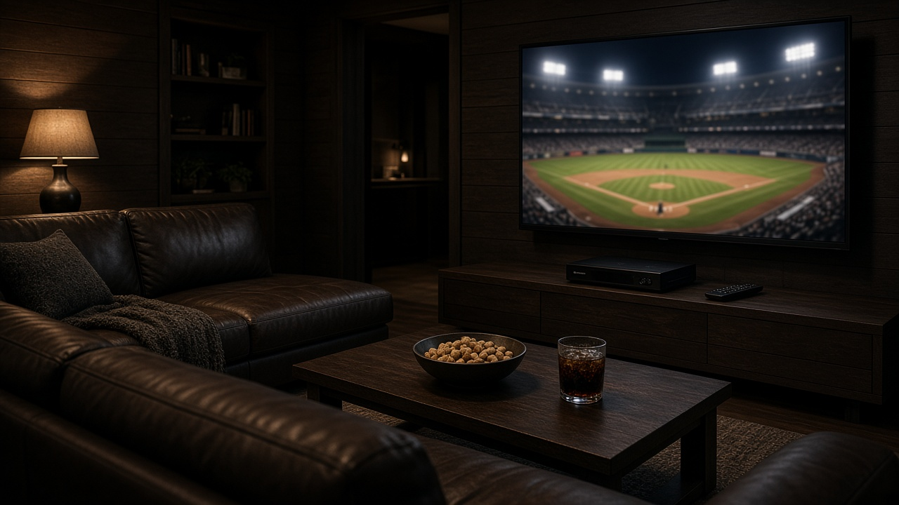 Dark basement sports den with a wall-mounted TV showing a blurred empty baseball stadium under lights, a satellite receiver and remote on a wood console, a leather sectional and a bowl of peanuts with a soda on the coffee table