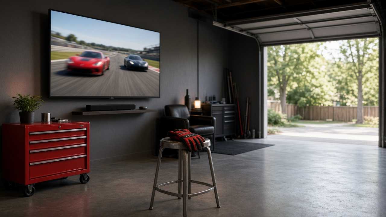 Home garage turned TV room with a wall-mounted TV showing blurred race cars on a sunny track, a red toolbox, racing gloves and a stool in the foreground