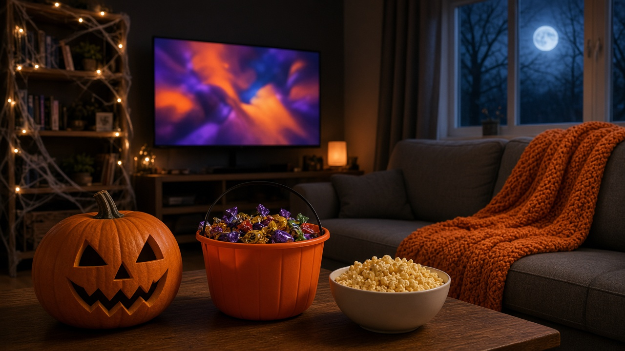 Cozy family room on Halloween night with a TV glowing in blurred orange and purple colors, a carved jack-o'-lantern, a pumpkin bucket full of candy and a bowl of popcorn on the coffee table, no people, no text, no logos
