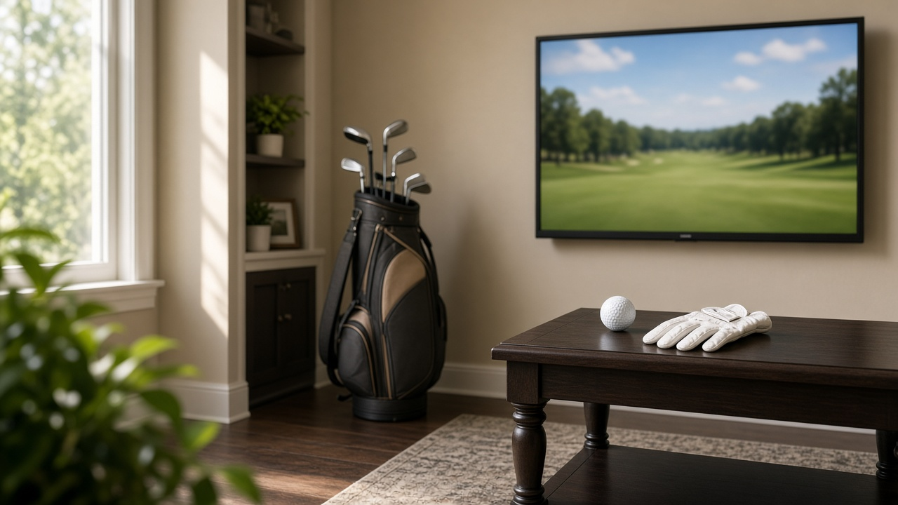 Sunny den with a golf bag of clubs in the corner, a golf ball and glove on a side table and a TV showing a blurred green fairway under a blue sky