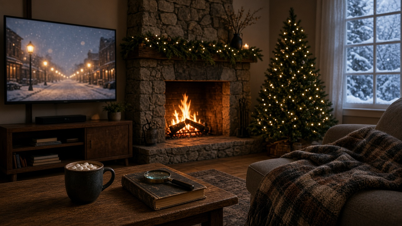 Cozy living room on a snowy evening with a TV showing a blurred snowy small-town street, a stone fireplace with garland, a lit Christmas tree, hot cocoa and an old mystery book with a magnifying glass on the coffee table, no people, no text, no logos