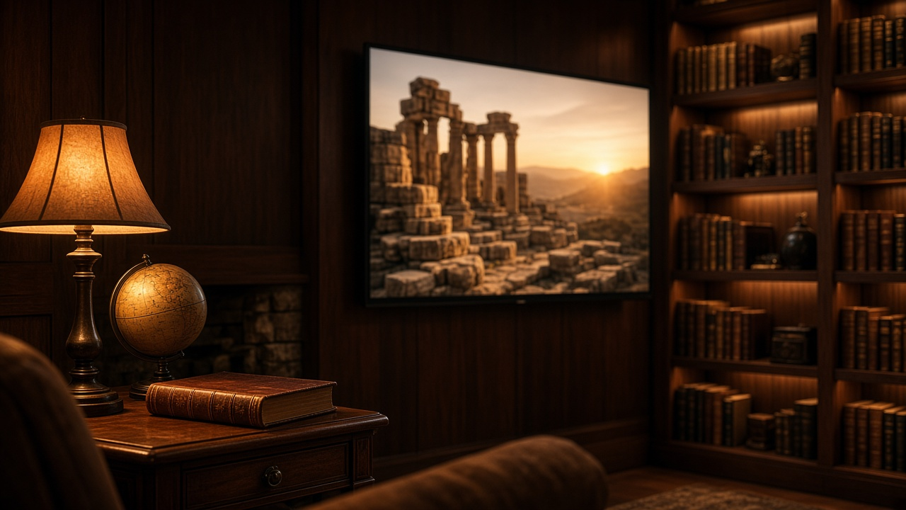 Cozy den with tall bookshelves, a globe and an old leather-bound book on a side table, and a TV showing blurred ancient stone ruins at golden hour
