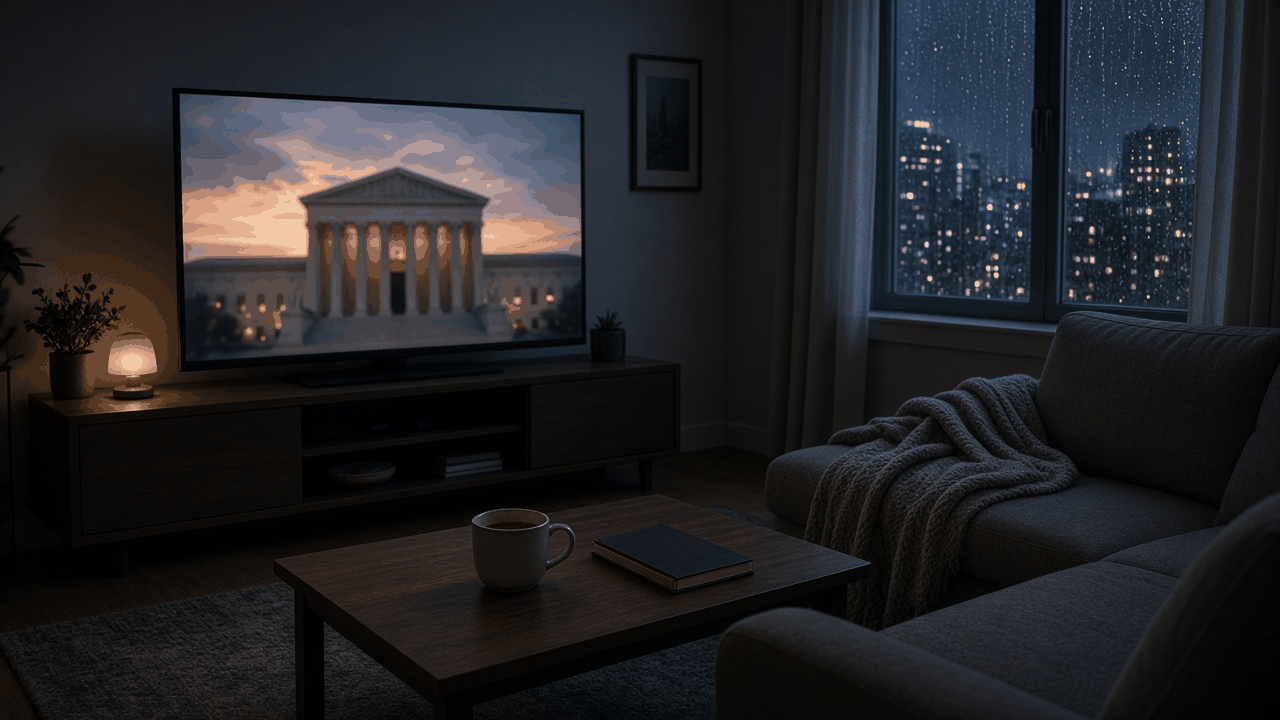 Quiet apartment living room at night with a TV showing a blurred columned courthouse at dusk, a gray sofa with a knit throw, a mug of tea and a closed notebook, rain on the window and city lights, no people, no text, no logos
