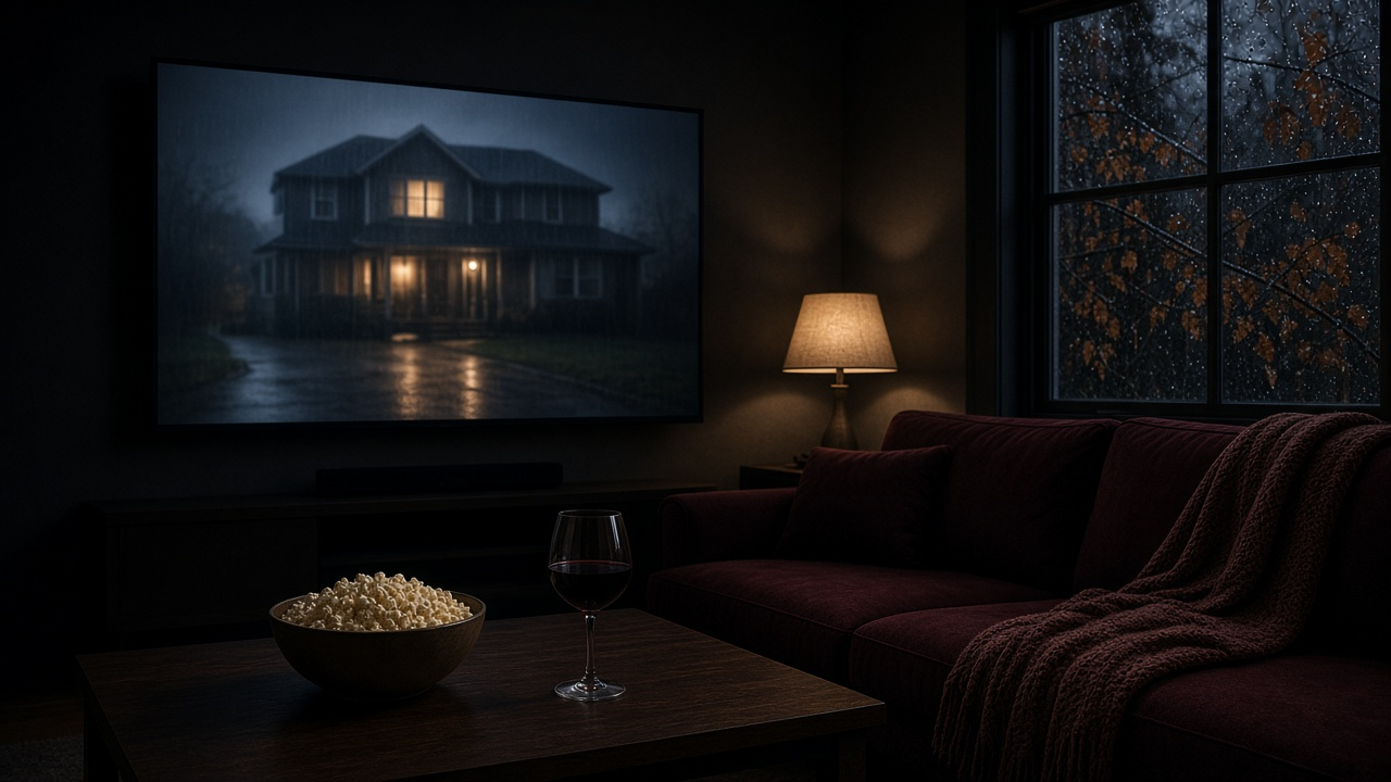 Dim living room late at night with a TV showing a blurred rain-streaked house with one lit window, a burgundy sofa with a knit throw, a glass of red wine and a bowl of popcorn on a dark coffee table, no people, no text, no logos