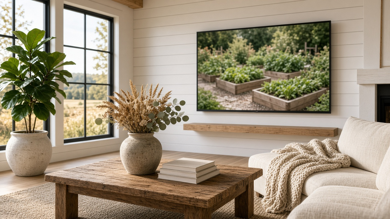 Bright farmhouse living room with white shiplap walls, a TV showing a blurred garden of raised vegetable beds, a linen sofa with a chunky knit blanket, a rustic wood coffee table with dried wheat in a vase and golden fields through tall windows, no people, no text, no logos