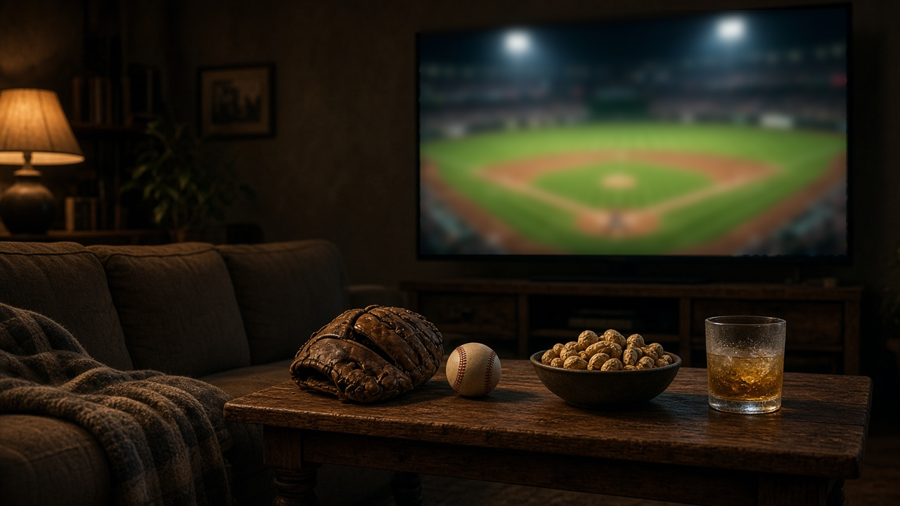 Dim sports den at night with a wall TV glowing with a blurred green baseball field under stadium lights, a leather baseball glove and a baseball on a wooden coffee table, a bowl of peanuts and a cold drink, no people, no text, no logos