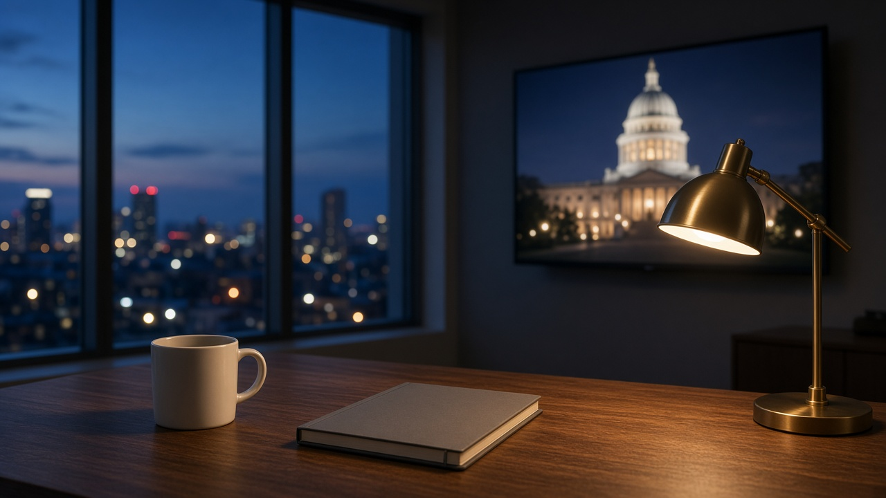 Modern home office at dusk with a plain white mug and a closed plain notebook on a walnut desk, city lights through a tall window and a wall TV showing a blurred white domed building at night