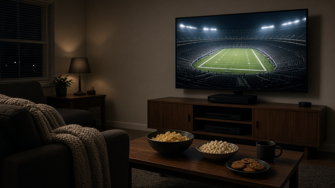 Dark living room at night with a wall-mounted TV showing an empty floodlit football stadium, a satellite receiver on a wooden console, a knit throw on the sofa and snack bowls on the coffee table