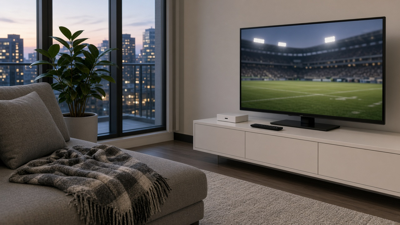 Apartment living room at dusk with a flat-screen TV on a white media cabinet showing a blurred football field under stadium lights, a small white cable box and remote, a grey sofa with a plaid blanket and city windows