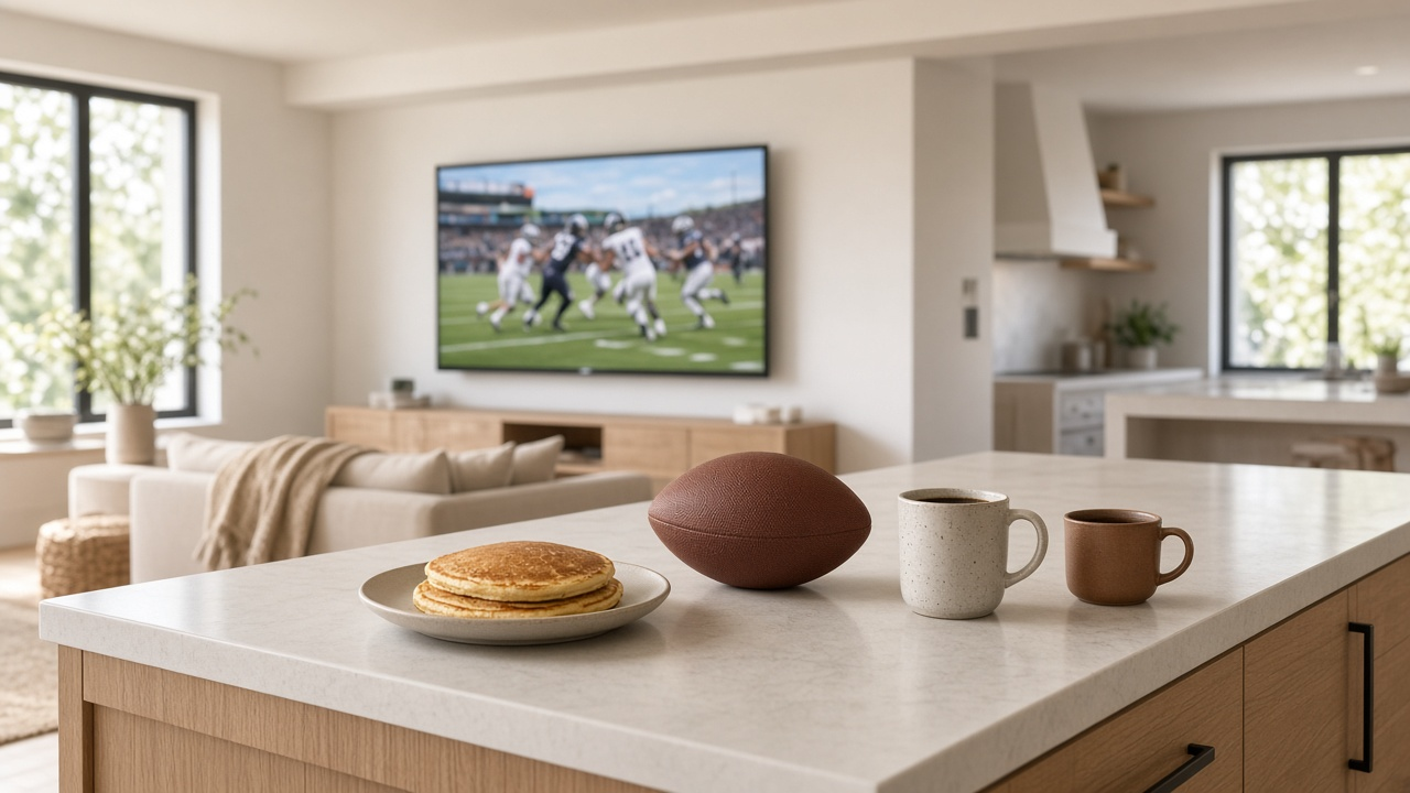Sunny family room on a Sunday morning with a wall-mounted TV showing a blurred daytime football game, coffee mugs and a foam football on a kitchen island