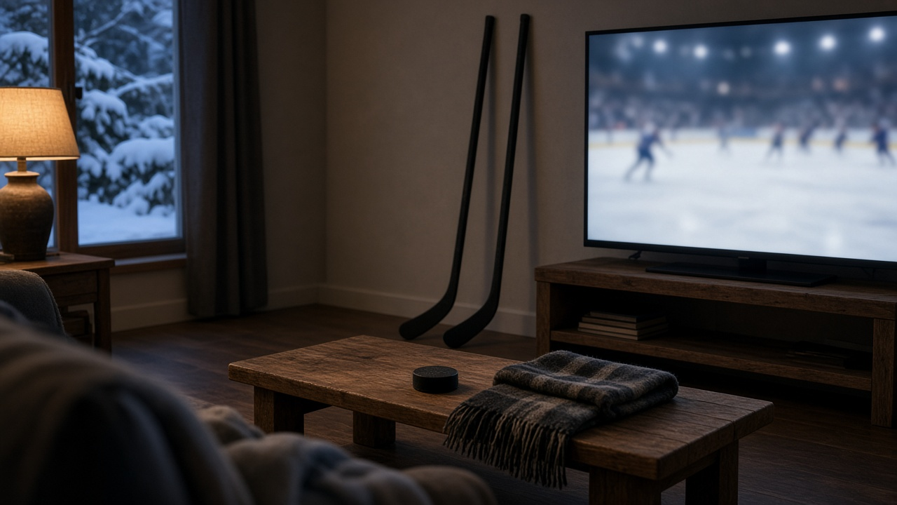 Living room on a winter evening with two hockey sticks leaning by the TV, which shows a blurred ice rink, and a puck and wool scarf on a wooden coffee table