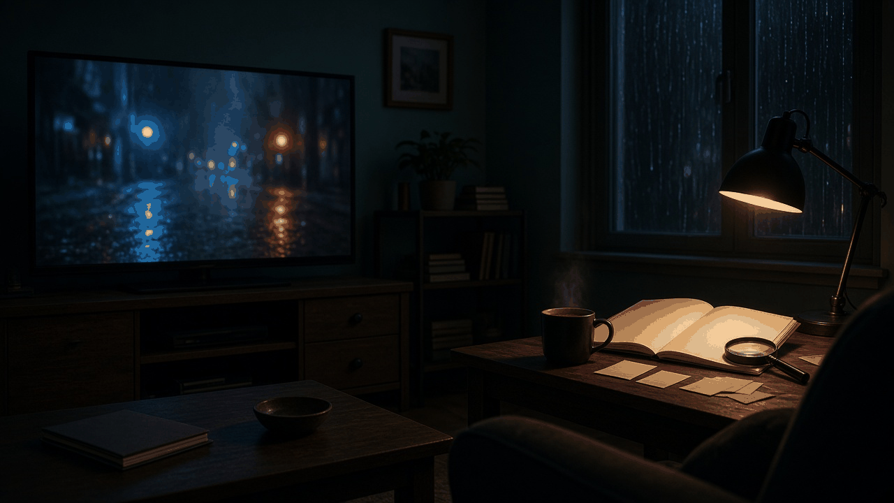 Dark den at night with a TV showing a blurred rainy street, a desk lamp over an open blank folder, a magnifying glass and a coffee mug, no people, no text, no logos