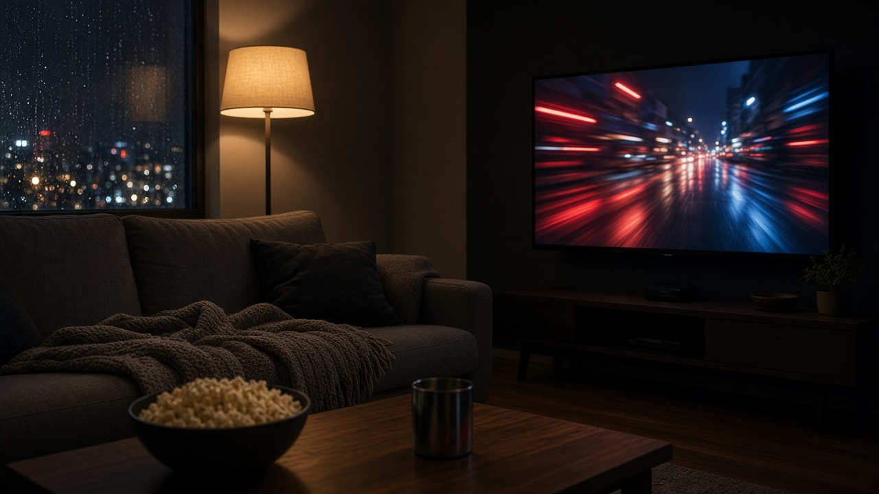 Living room at night with a wall TV glowing with blurred red and blue light streaks over a dark city street, a sofa with a throw blanket, a bowl of popcorn and a soda on the coffee table, rain on the window, no people, no text, no logos