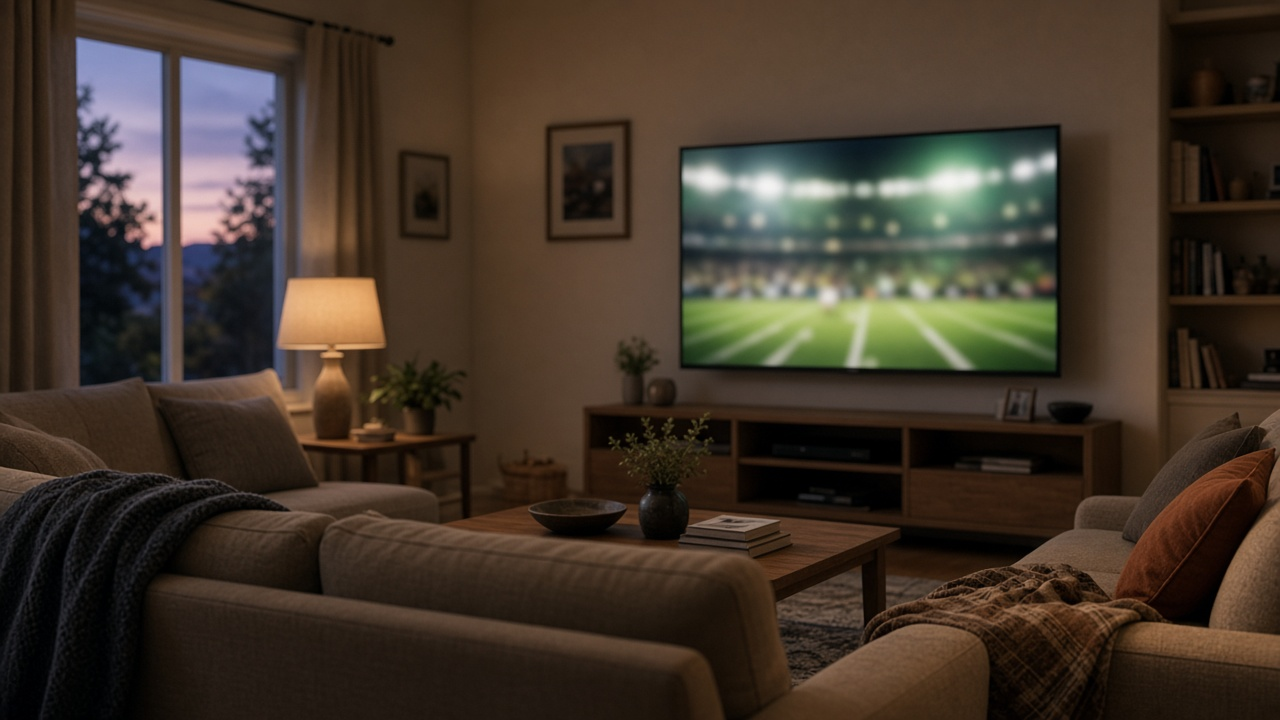 Living room TV showing a blurred college football stadium under lights at dusk, with an empty couch in the foreground