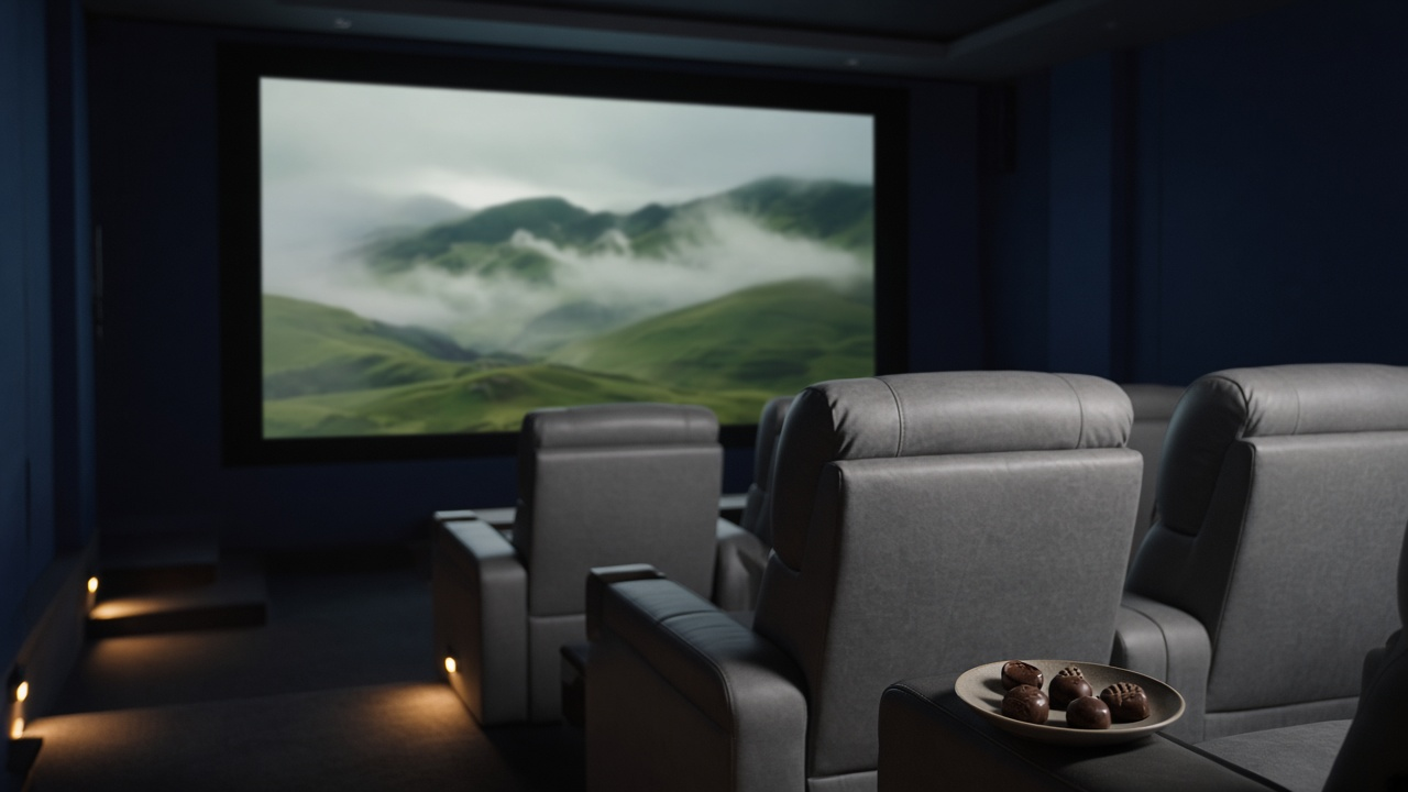 Home theater room with dark navy walls and plush gray recliners, a small plate of chocolates on the armrest and a large screen showing a blurred misty green highland landscape