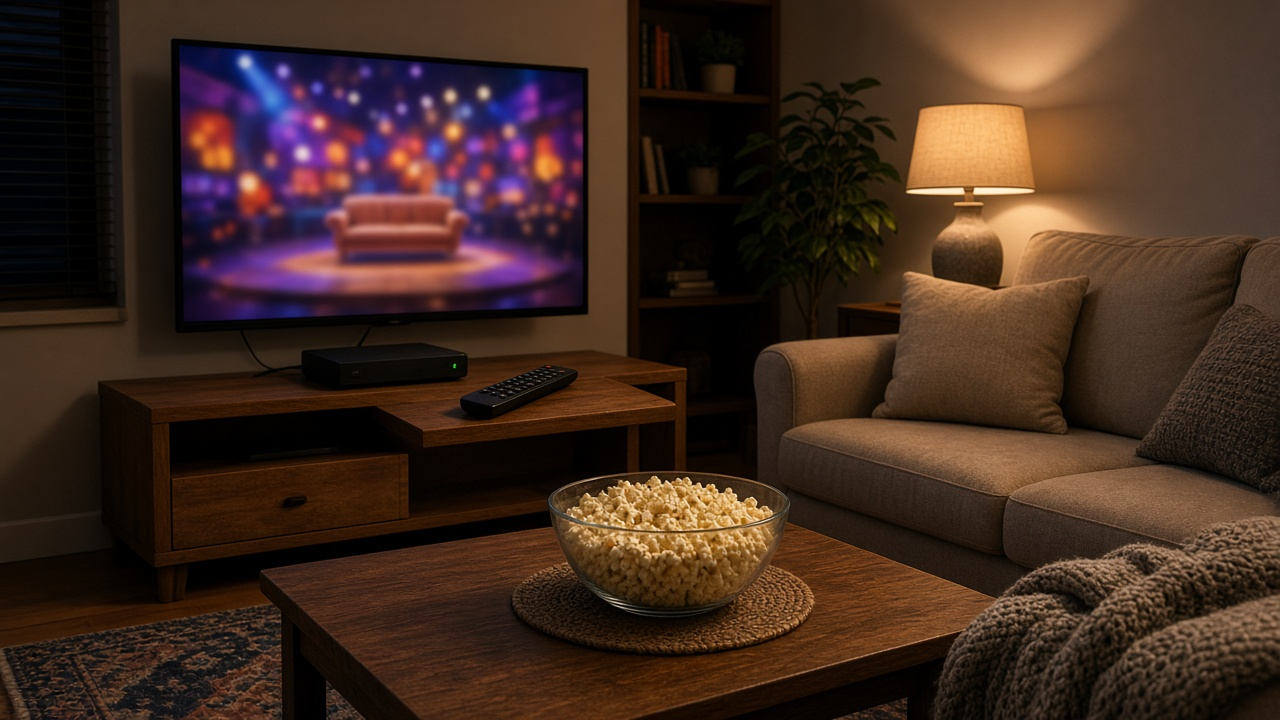 Cozy den in the evening with a flat-screen TV showing a blurred colorful stage with an empty couch, a black cable box and remote on a wooden TV stand, a lamp, a sofa and a bowl of popcorn
