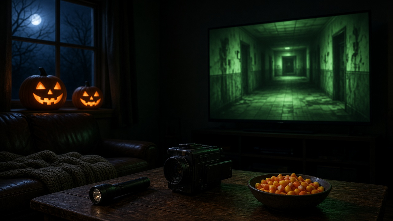Dark den at night lit by a TV showing a blurred green night-vision view of an abandoned hallway, jack-o'-lanterns on the windowsill, a camcorder, flashlight and bowl of candy corn on a coffee table, no people, no text, no logos