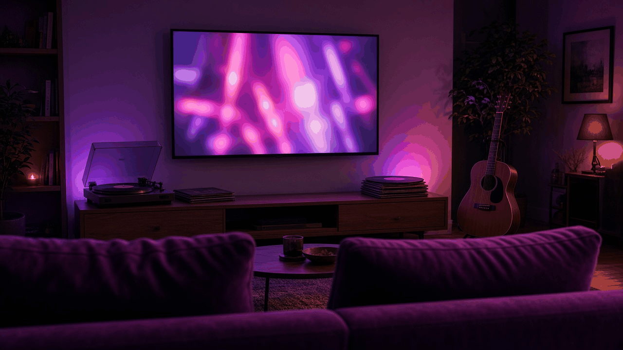 Living room at night seen from behind a purple velvet sofa, a wall TV glowing with blurred concert lights, a record player and an acoustic guitar, no people, no text, no logos