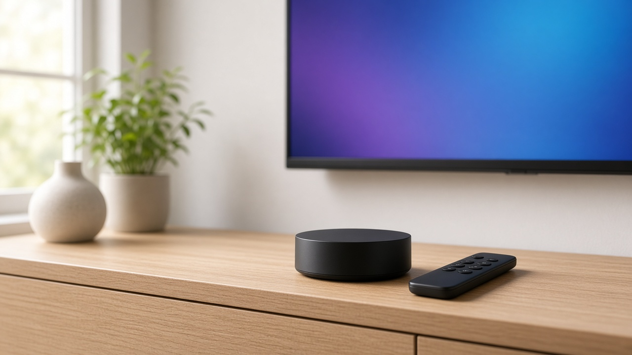 Small black puck-shaped streaming device and remote on a light oak media console below a wall-mounted TV showing an abstract blue and purple screen in a bright living room