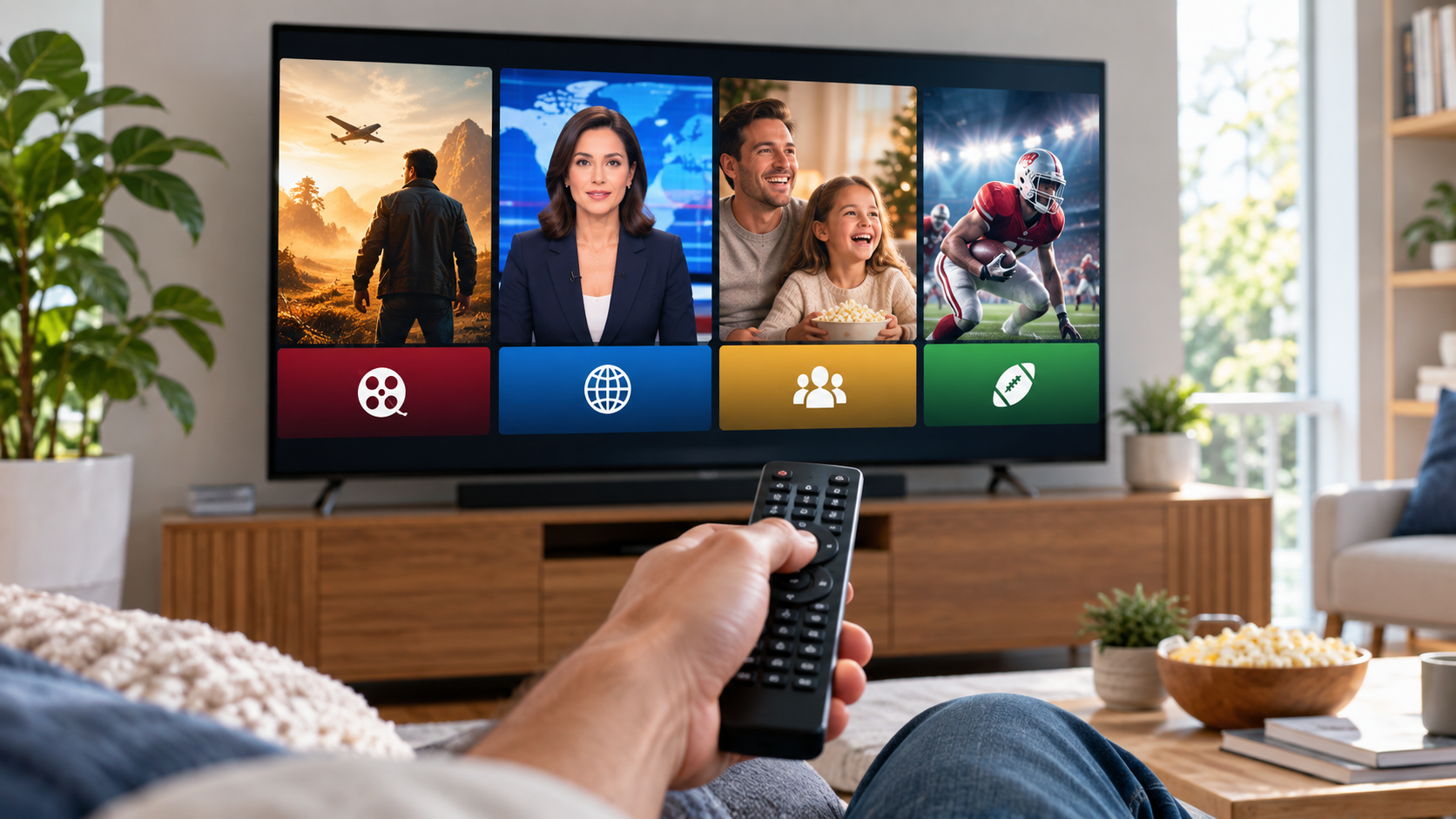 Viewer using a remote to compare generic movie, news, family and sports choices on a living room television