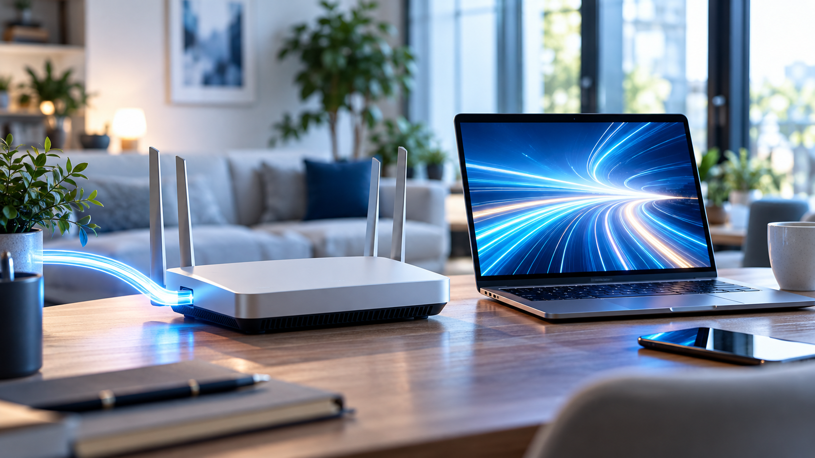 Unbranded Wi-Fi router connected to glowing fiber optic cable beside a laptop in a home office