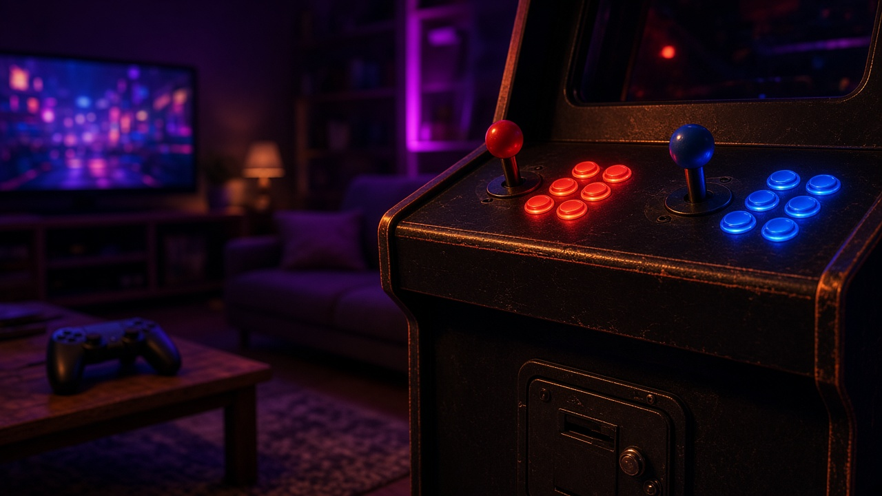 Neon-lit city alley at night with rain-slicked pavement, glowing arcade cabinets with blank screens and steam rising from a grate, no people, no text, no logos