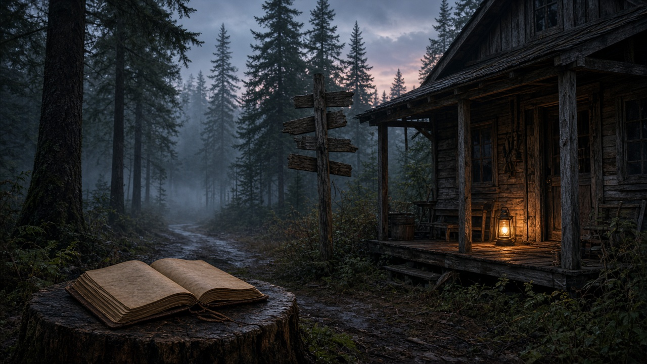 Misty pine forest at dusk with a weathered wooden roadside shack, blank wooden signpost, glowing porch lantern and an open old journal on a stump, no people, no text