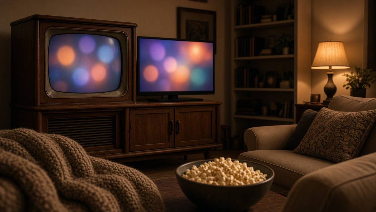 Cozy living room in the evening with a vintage TV and a modern TV glowing softly, popcorn and a knit blanket